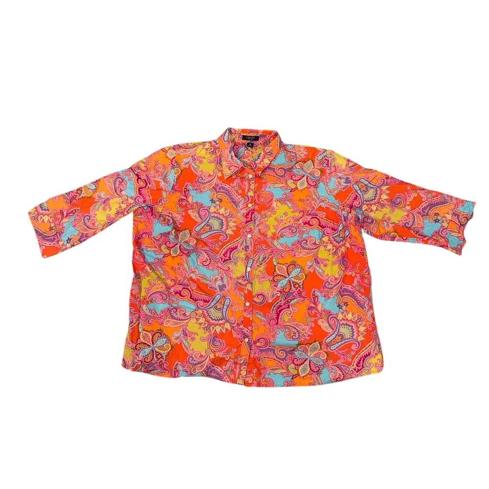 Chaps Button Down Top Womens 3X Orange Paisley Print 100% Cotton Blouse
